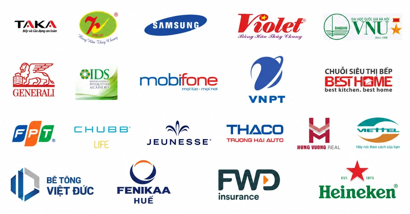 Logo các doanh nghiệp đối tác: TAKA, Violet, Samsung, VNU, Generali, IDS, Mobifone, VNPT, Best Home, FPT, Chubb Life, Jeunesse, THACO, Hưng Vượng Real, Viettel, Bê tông Việt Đức, Fenikaa Huế, FWD, Heineken